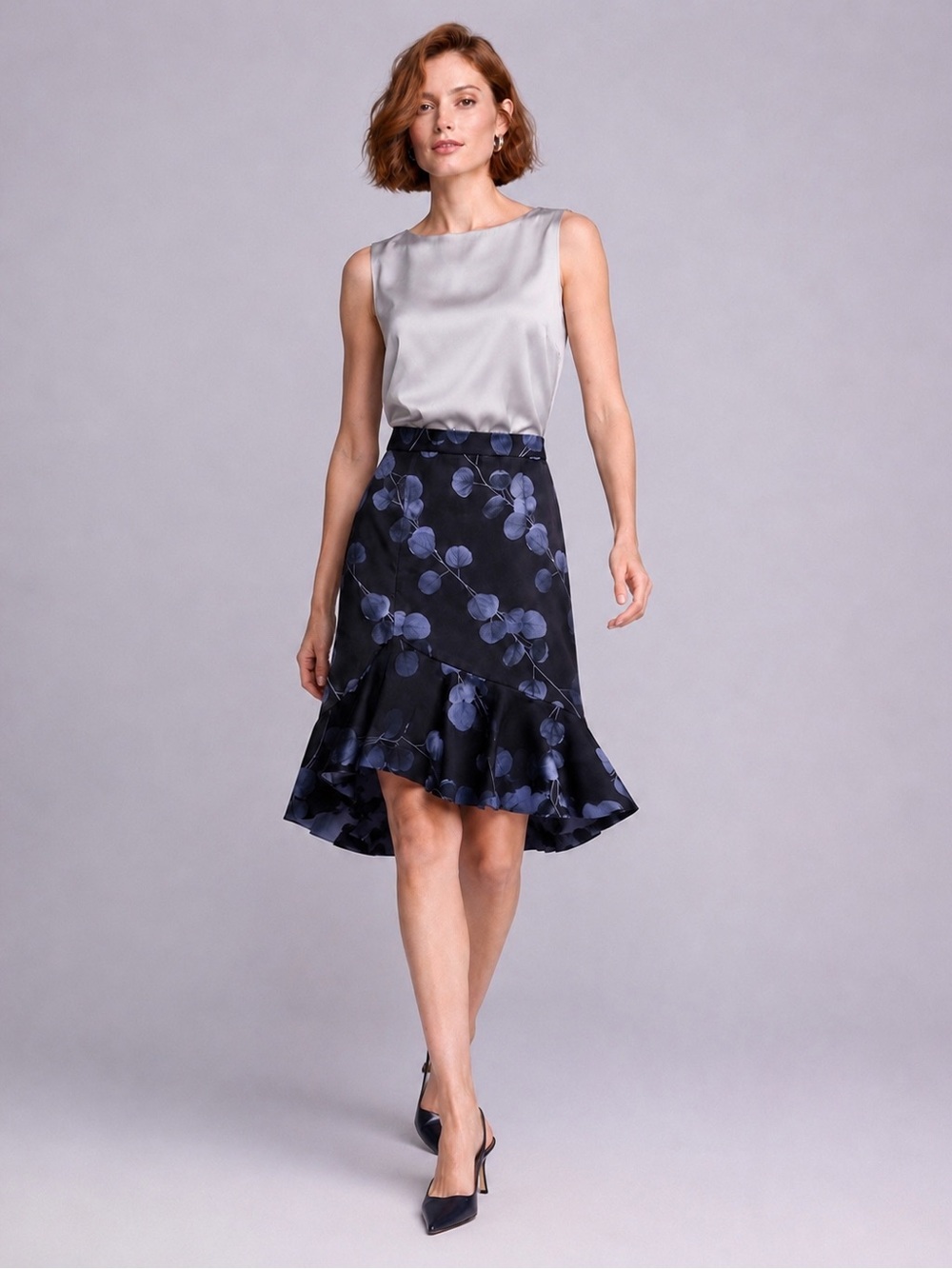 Banana Republic Botanical Print Asymmetrical Ruffle Flounce Midi Skirt Navy - 4